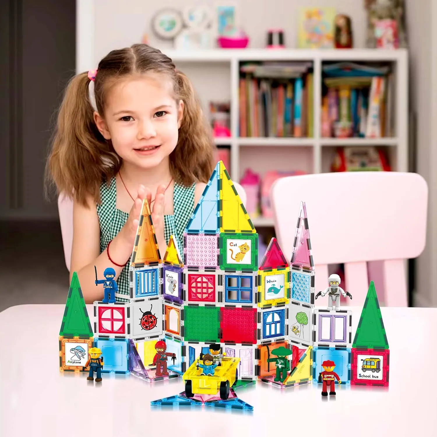 PicassoTiles 100pc Magnet Tile Construction Building Block Set with Carry Case Car Base Magnetic 8pc Characters Whiteboard Markers Idea Book Magnetized Toy Kit Playset Kids STEM Learning Age 3  PB01