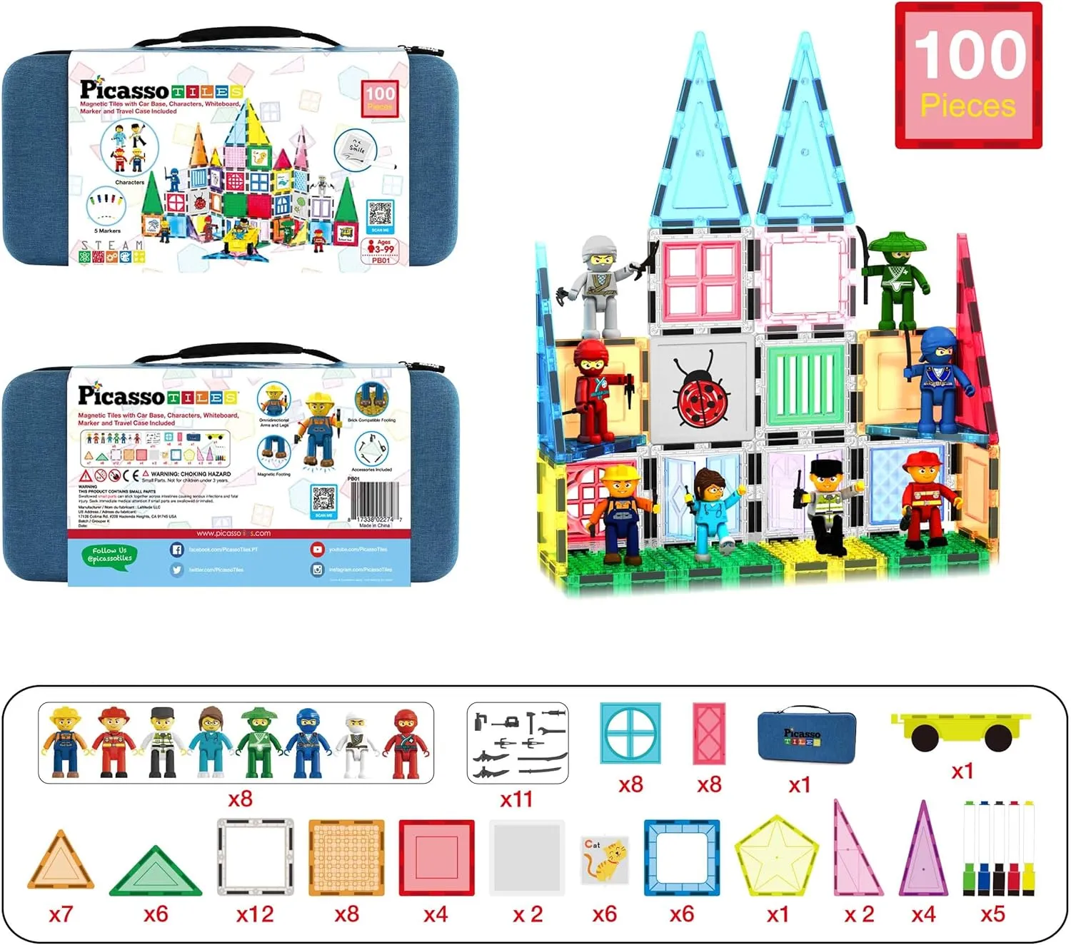PicassoTiles 100pc Magnet Tile Construction Building Block Set with Carry Case Car Base Magnetic 8pc Characters Whiteboard Markers Idea Book Magnetized Toy Kit Playset Kids STEM Learning Age 3  PB01