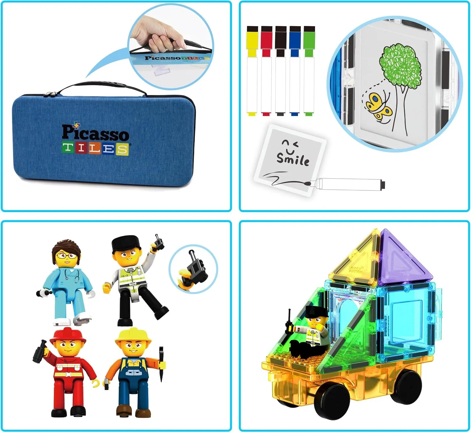 PicassoTiles 100pc Magnet Tile Construction Building Block Set with Carry Case Car Base Magnetic 8pc Characters Whiteboard Markers Idea Book Magnetized Toy Kit Playset Kids STEM Learning Age 3  PB01