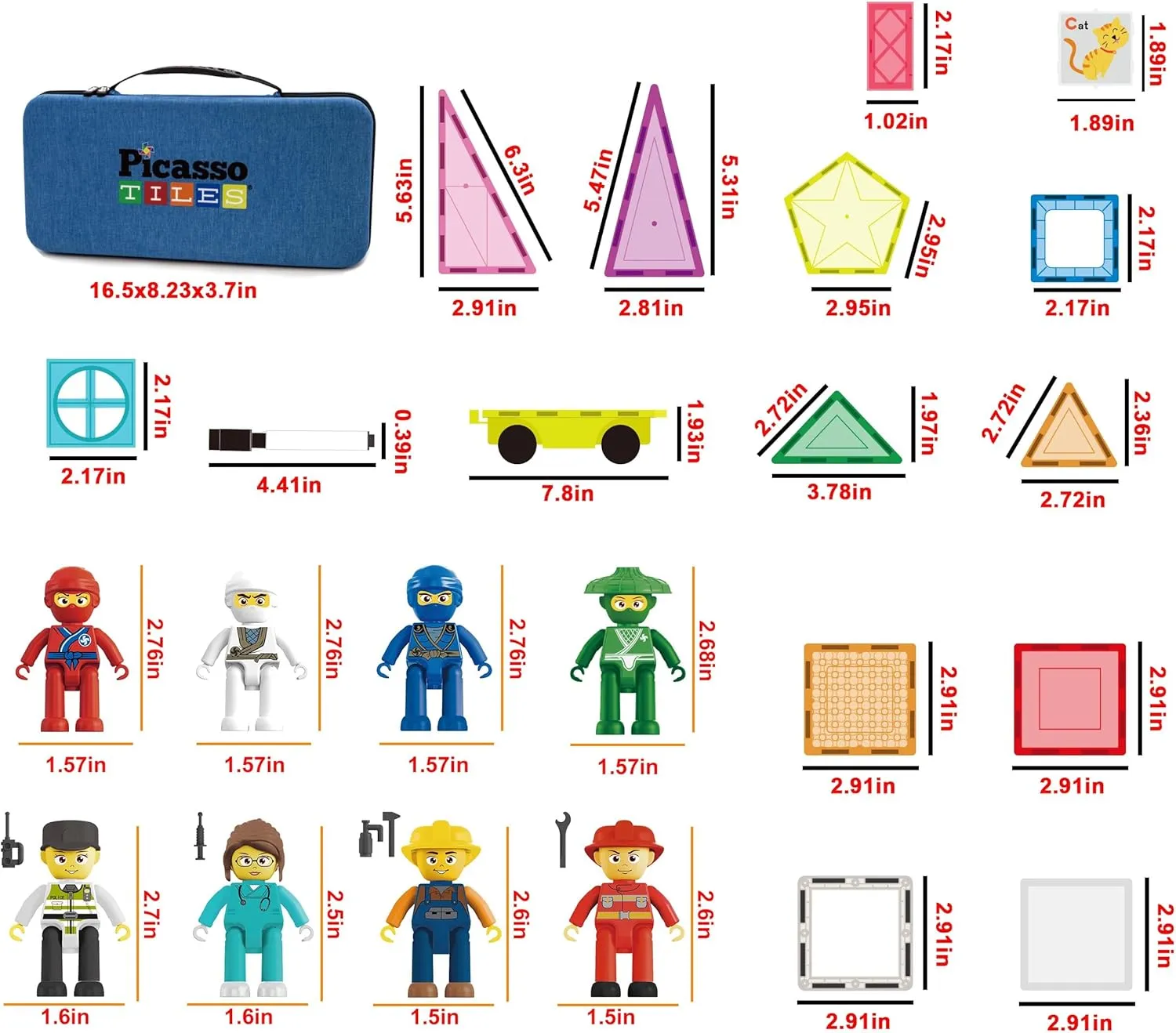 PicassoTiles 100pc Magnet Tile Construction Building Block Set with Carry Case Car Base Magnetic 8pc Characters Whiteboard Markers Idea Book Magnetized Toy Kit Playset Kids STEM Learning Age 3  PB01