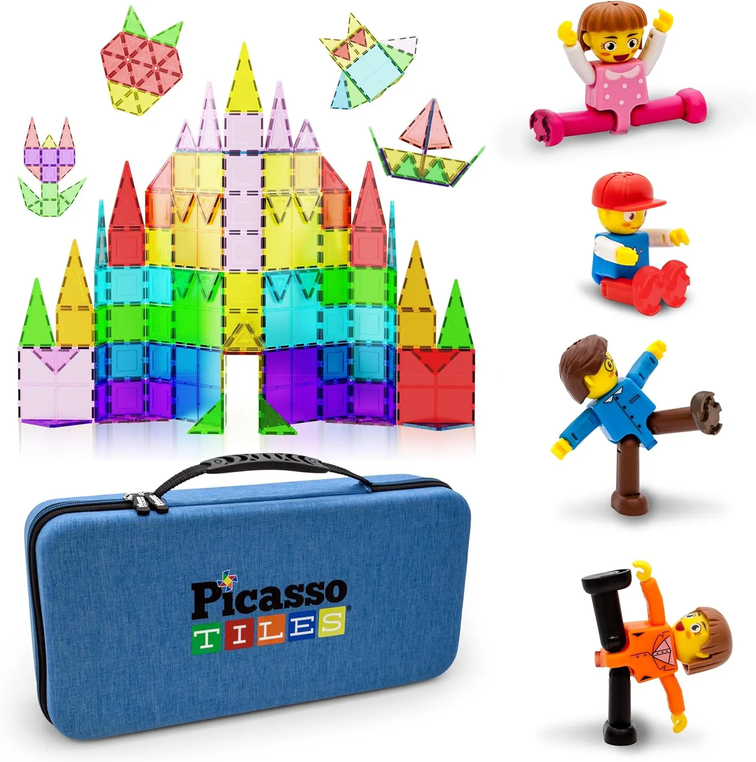 PicassoTiles 100PC Magnet Tiles   Carry Case   4 Family People Action Figures Expansion Bundle: STEAM Educational Playset for Creative, Fun and Learning Construction Play, Pretend Play Toy for Kids