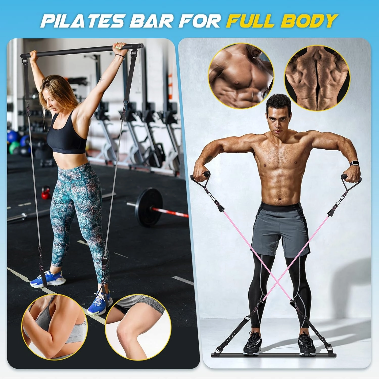 Pilates Bar Kit with Resistance Bands, Multifunctional Yoga Pilates Bar with Heavy-Duty Metal Adjustment Buckle, Portable Home Gym Pilates Resistance Bar Kit for Women Full Body Workouts