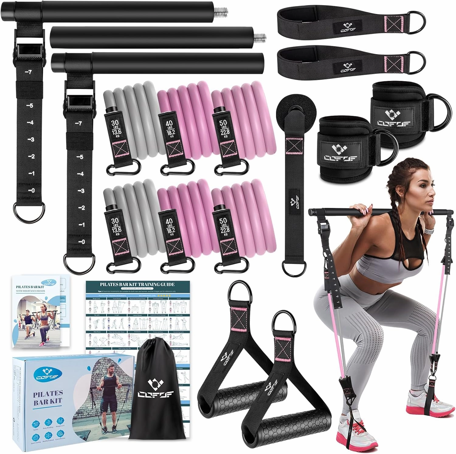 Pilates Bar Kit with Resistance Bands, Multifunctional Yoga Pilates Bar with Heavy-Duty Metal Adjustment Buckle, Portable Home Gym Pilates Resistance Bar Kit for Women Full Body Workouts