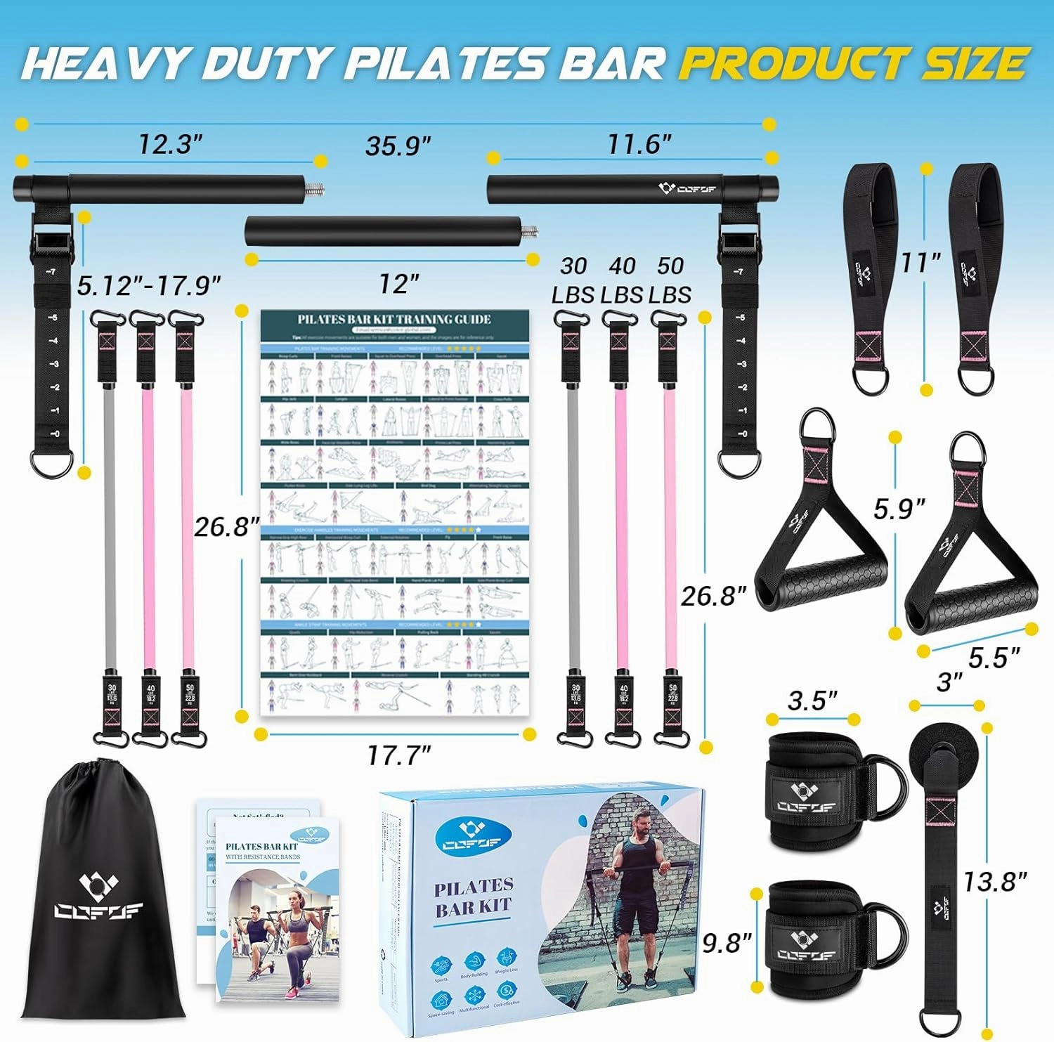 Pilates Bar Kit with Resistance Bands, Multifunctional Yoga Pilates Bar with Heavy-Duty Metal Adjustment Buckle, Portable Home Gym Pilates Resistance Bar Kit for Women Full Body Workouts