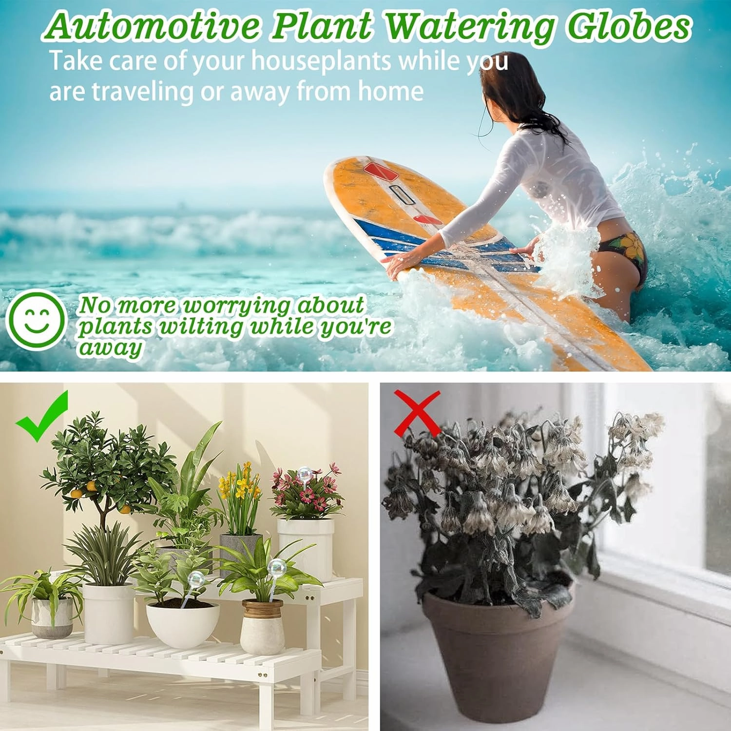 Plant Watering Globes, 6PCS Iridescent Rainbow Gradient Color Clear Glass Bulbs Self Watering Spikes Planter Insert, Automatic Plant Waterer Bulbs Devices for Various Plants