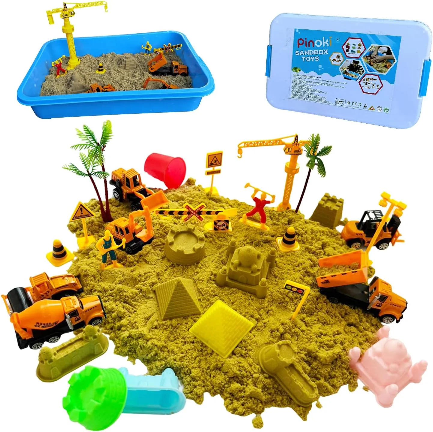 Play Construction Sand Kit – 2.2lbs Magic Sand, 6 Take Apart Construction Trucks, 1 Crane, 8 Molds & 10 Signs – Sensory Bin and Sandbox Toys for Boys Girls Ages 3-8