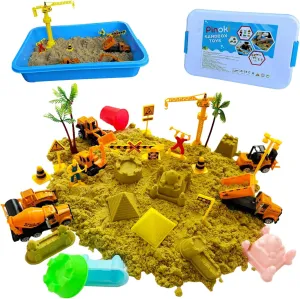 Play Construction Sand Kit – 2.2lbs Magic Sand, 6 Take Apart Construction Trucks, 1 Crane, 8 Molds & 10 Signs – Sensory Bin and Sandbox Toys for Boys Girls Ages 3-8