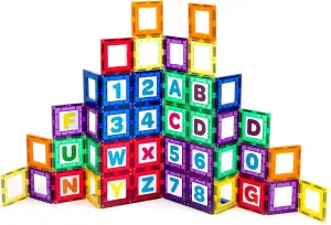 Playmags Magnetic Tile Building Set: Exclusive Educational Clickins 36-Pc. Kit: 18 Super Strong Clear Color Magnet Tiles Windows & 18 Letters & Numbers Stimulate Creativity & Brain Development