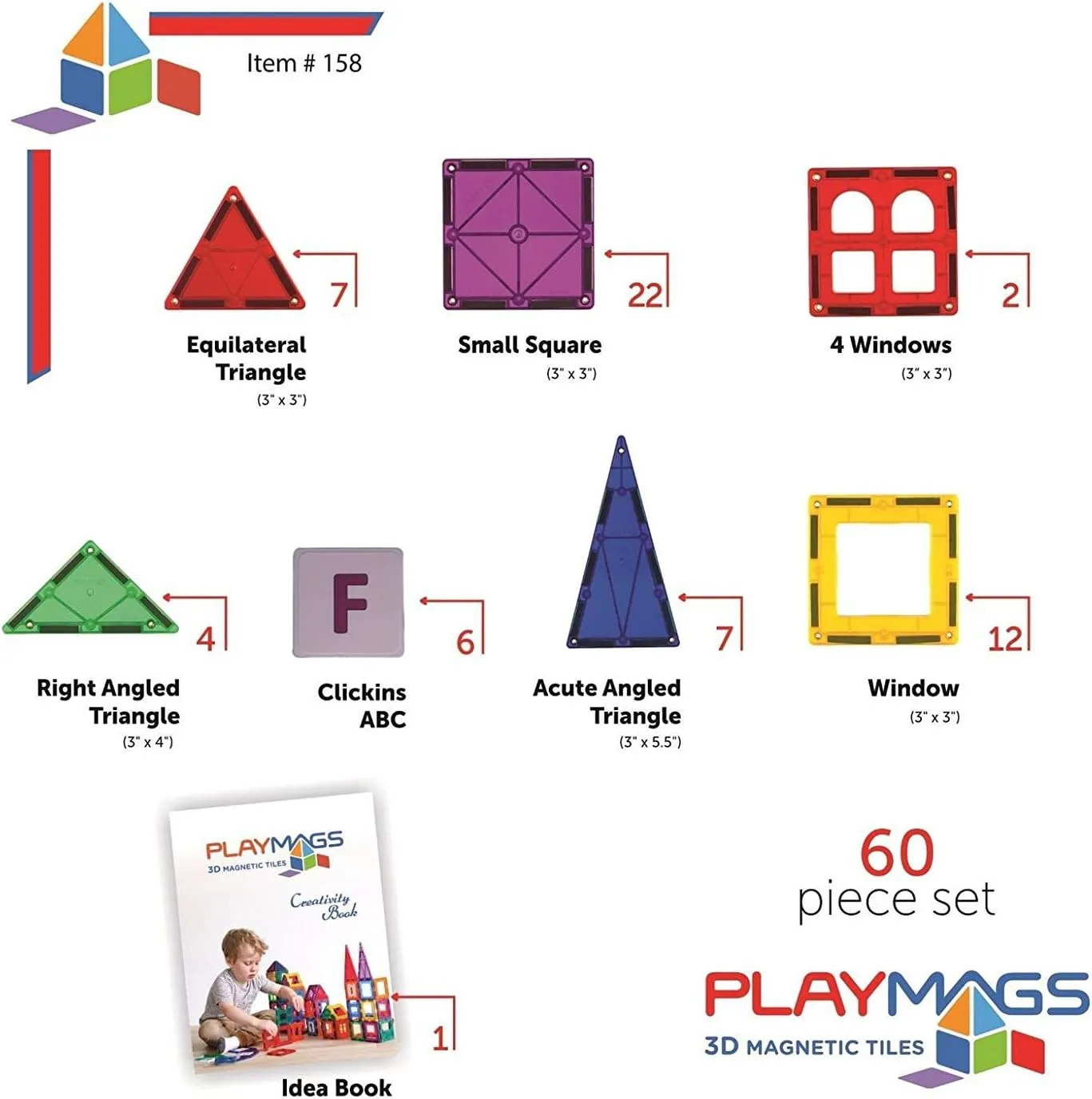 Playmags Magnetic Tiles for Kids, 60 Pc Magnet Blocks with ABC Click-ins, STEM Development Building Toys for Boys Girls & Toddlers