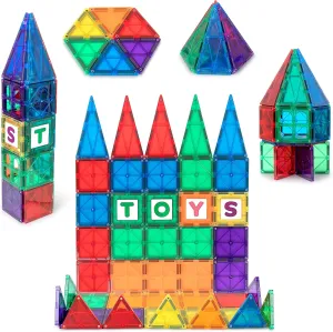 Playmags Magnetic Tiles for Kids, 60 Pc Magnet Blocks with ABC Click-ins, STEM Development Building Toys for Boys Girls & Toddlers
