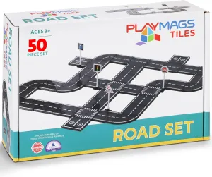 Playmags Magnetic Tiles Road Set - 50 Pcs STEM Educational Construction Toy Car Track, Building Blocks Magnet Toys for Toddlers, Safe for Ages 3 