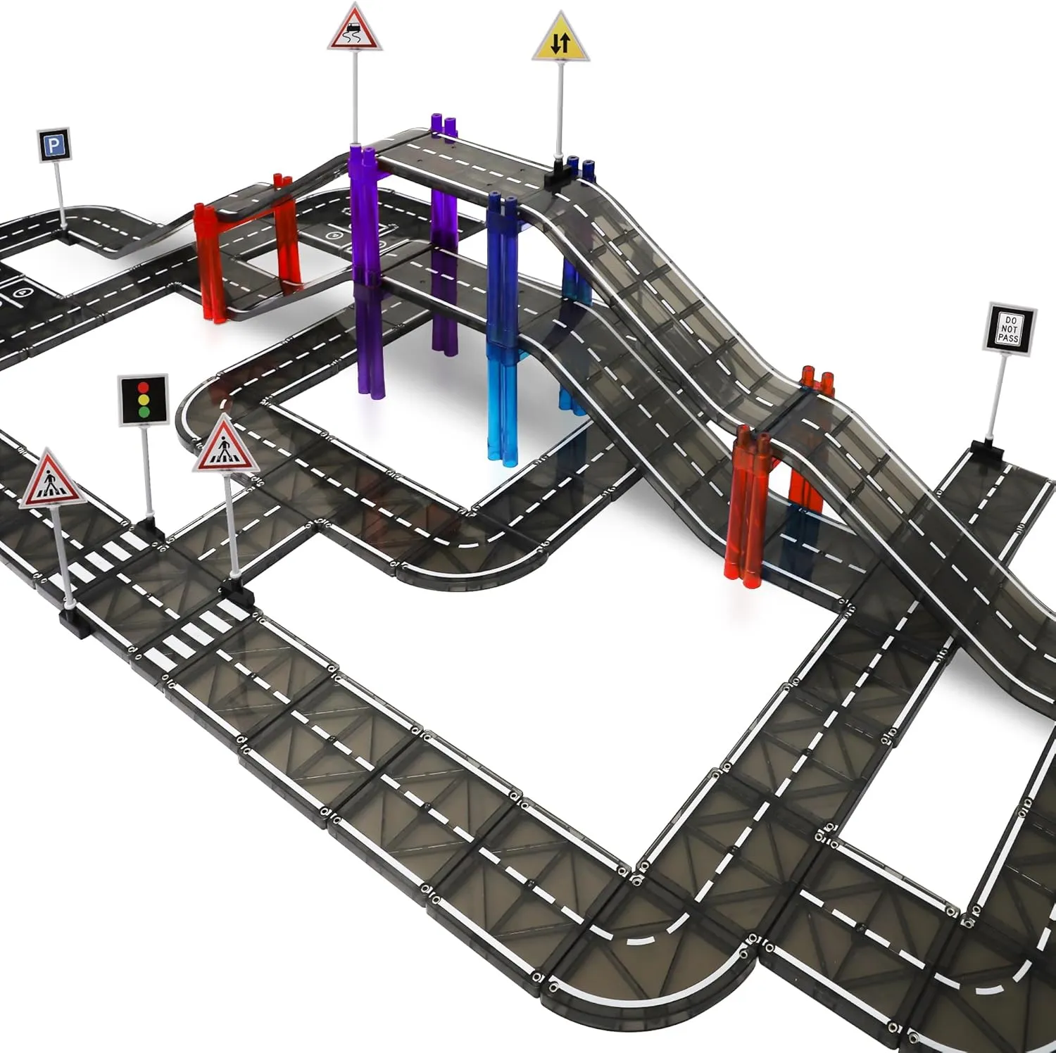 Playmags Magnetic Tiles Road Set for Kids - 130-Pieces Magnet Building Blocks Toy - Durable Creative STEM Learning Toys with Curved & Straight Car Race Track for Kids Ages 3 