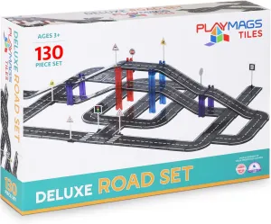 Playmags Magnetic Tiles Road Set for Kids - 130-Pieces Magnet Building Blocks Toy - Durable Creative STEM Learning Toys with Curved & Straight Car Race Track for Kids Ages 3 