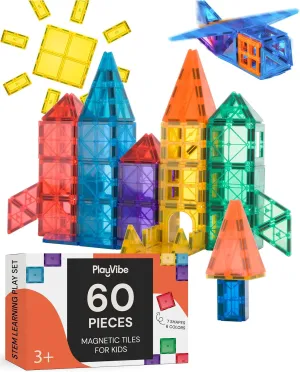 PLAYVIBE Magnetic Tiles 60 Pcs - 3D Magnet Toys for Kids 3  - STEM Building Blocks - Toddler Learning Essential for Home & Classroom, Boys & Girls - Sensory Toys - Magnetic Blocks