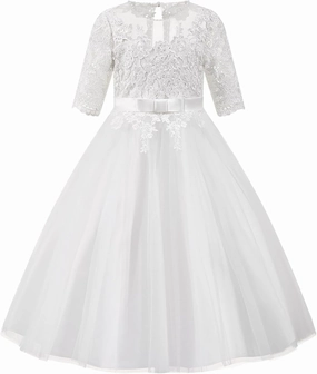 PLUVIOPHILY Champagne Tulle Wedding Flower Girl Dress Ivory Lace Short Sleeves Christening Communion Dress