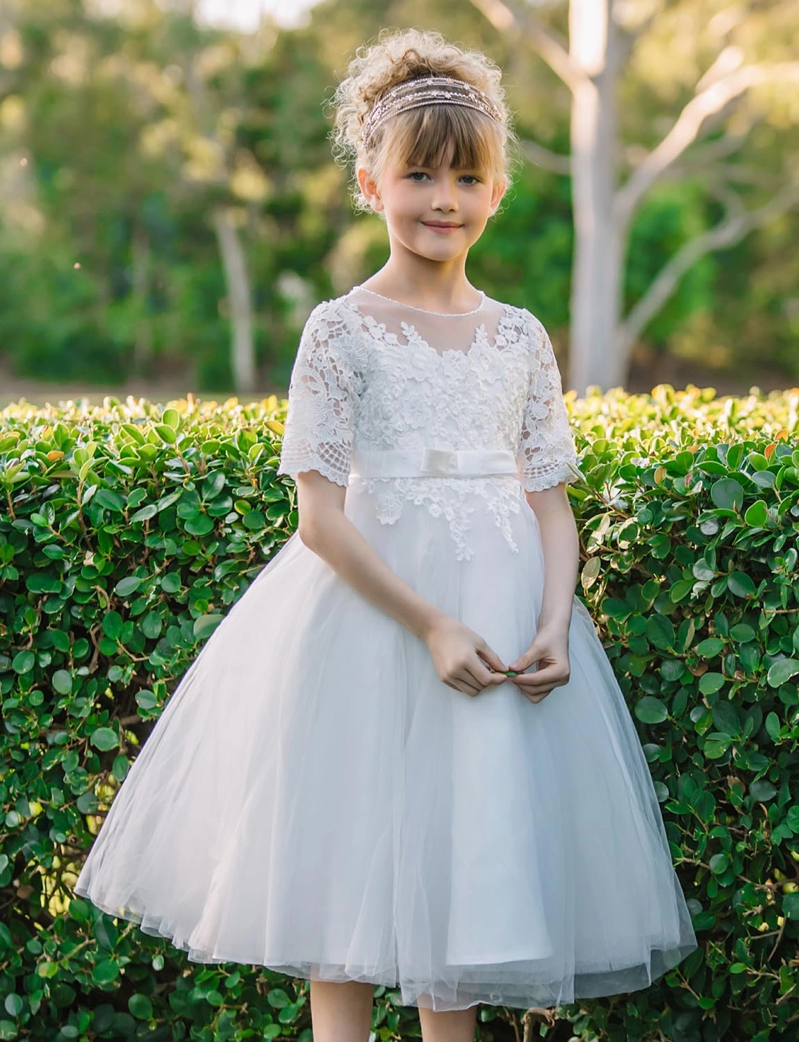PLUVIOPHILY Champagne Tulle Wedding Flower Girl Dress Ivory Lace Short Sleeves Christening Communion Dress