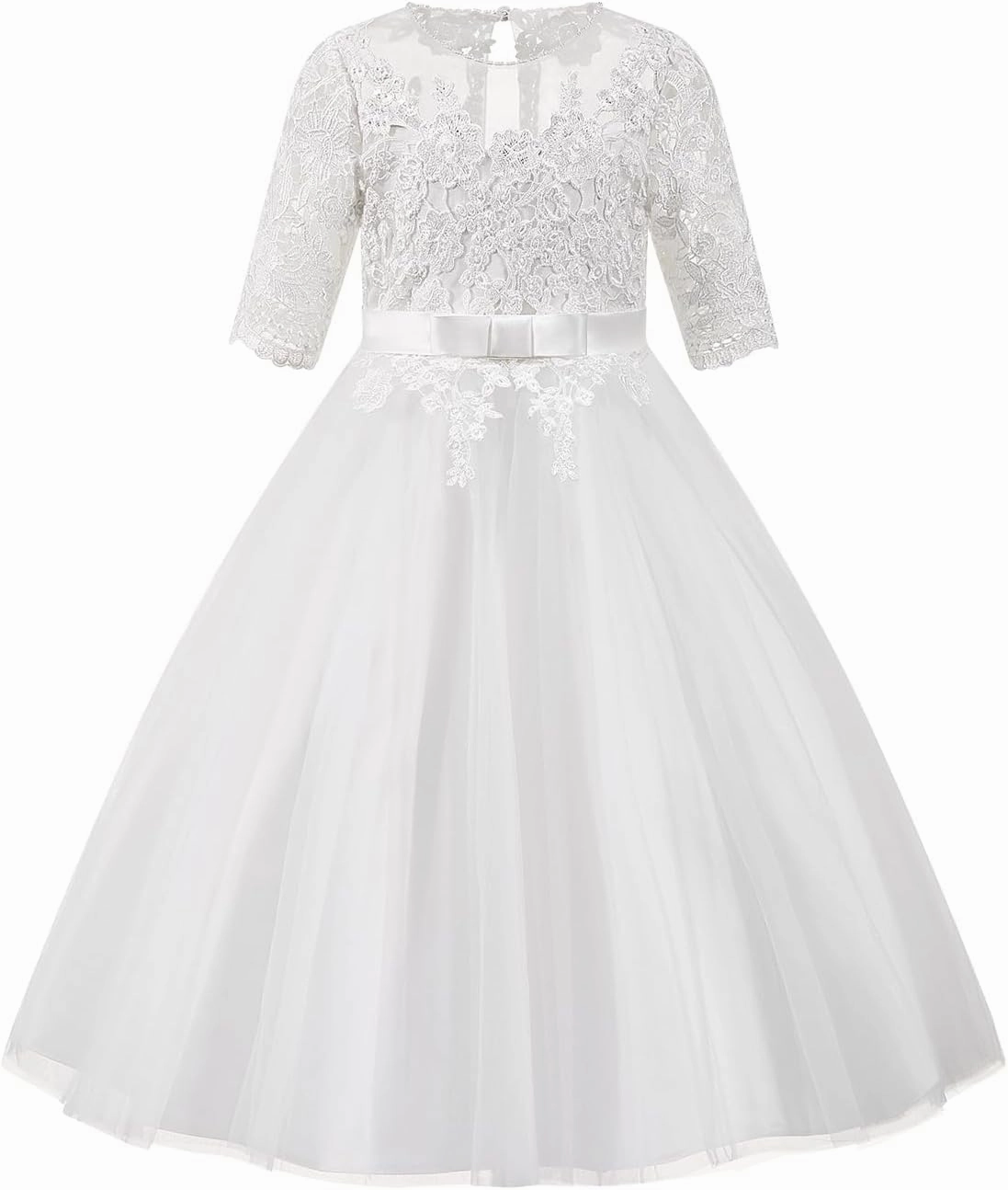 PLUVIOPHILY Champagne Tulle Wedding Flower Girl Dress Ivory Lace Short Sleeves Christening Communion Dress