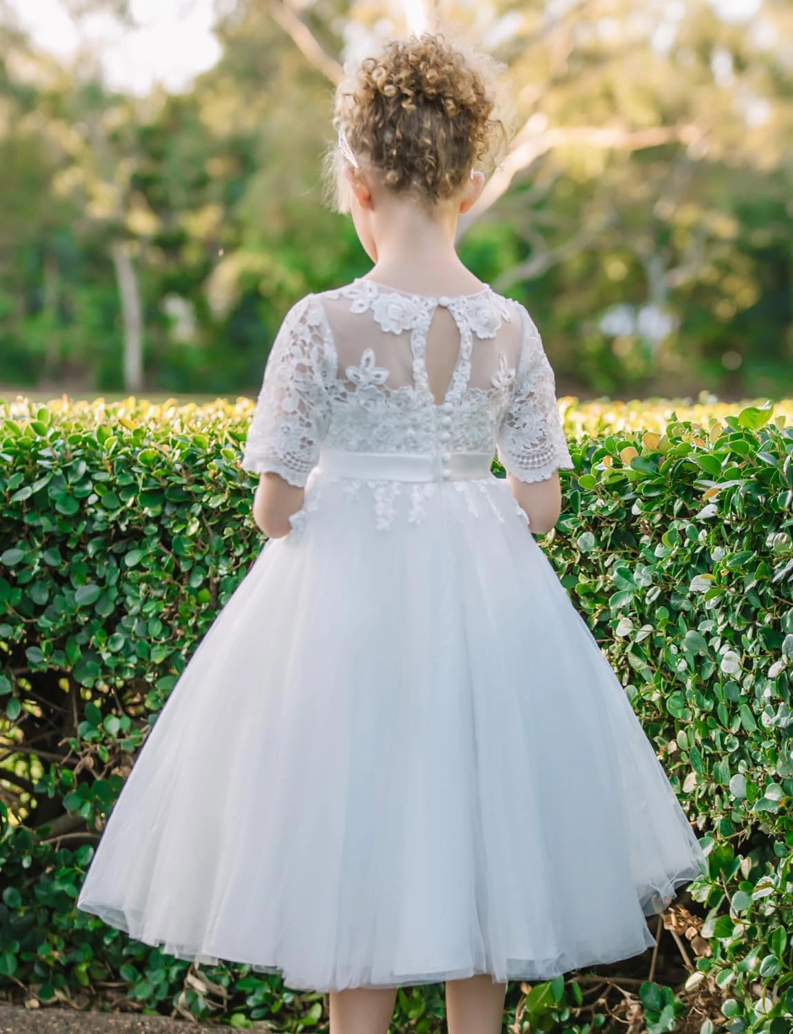 PLUVIOPHILY Champagne Tulle Wedding Flower Girl Dress Ivory Lace Short Sleeves Christening Communion Dress