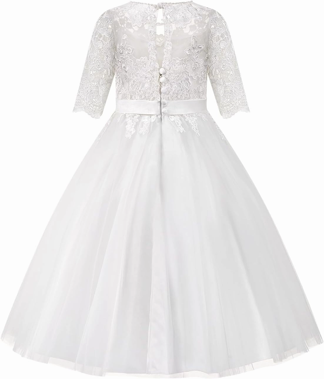 PLUVIOPHILY Champagne Tulle Wedding Flower Girl Dress Ivory Lace Short Sleeves Christening Communion Dress