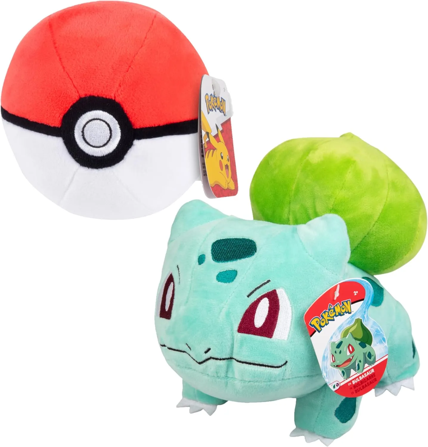 Pokemon Poke Ball and 8" Bulbasaur Plush Set of 2 - Officially Licensed - Authentic Soft Stuffed Pokeball Toy with Weighted Bottom - Gift for Kids, Boys, Girls - 2 