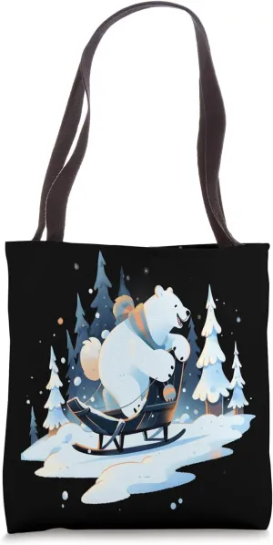 Polar Bear Riding Sled Sledge Sleighing Snow Sledging Winter Tote Bag