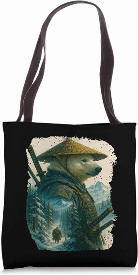 Polar Bear Samurai Japanese Winter Mountain Scene Tote Bag