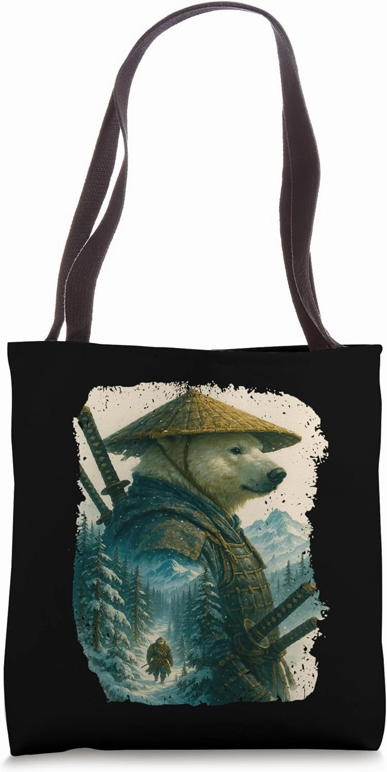 Polar Bear Samurai Japanese Winter Mountain Scene Tote Bag