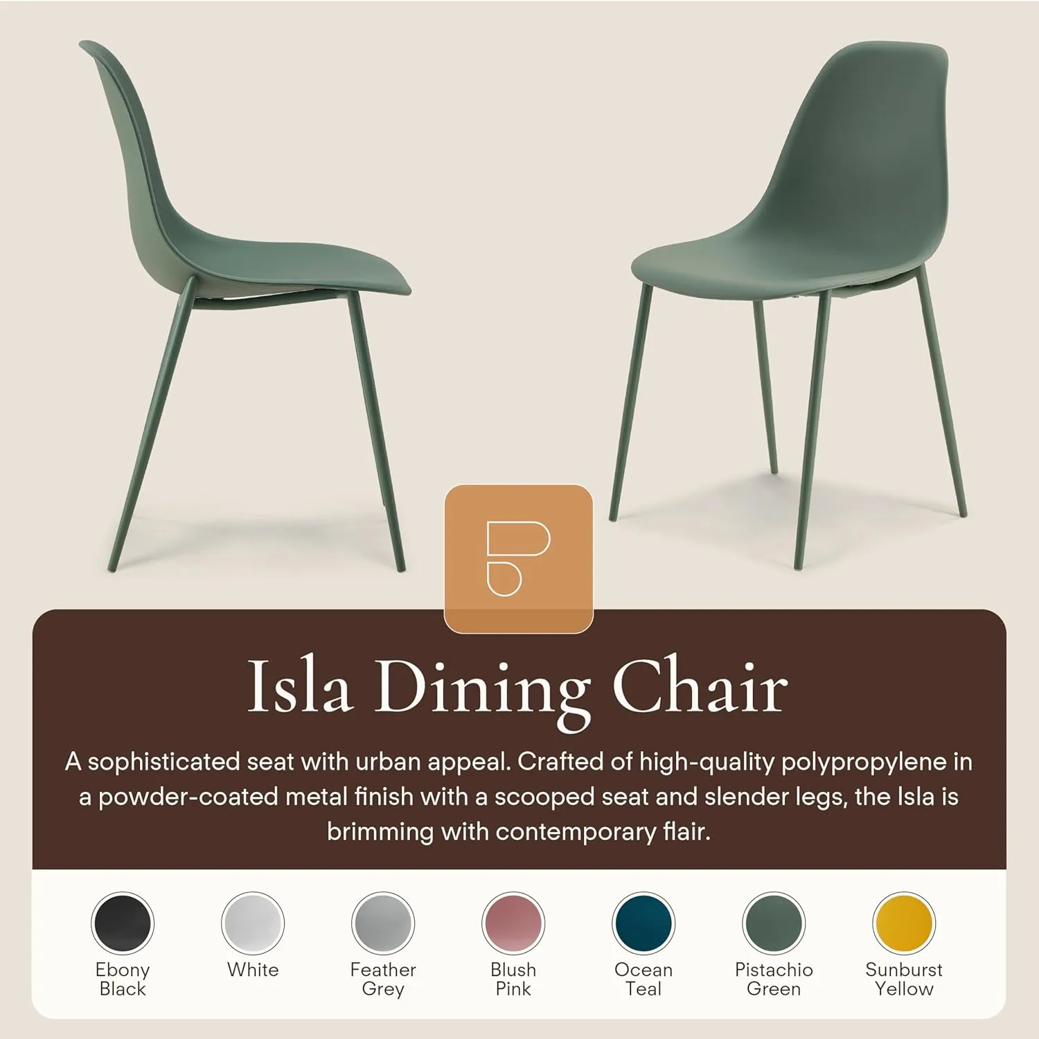POLY & BARK Isla Modern Kitchen Chairs Set of 4 - Plastic Dining Chair with Metal Legs - Quick Assembly Simple Cafe Chairs Plastic for Indoor or Outdoor - Pistachio Green
