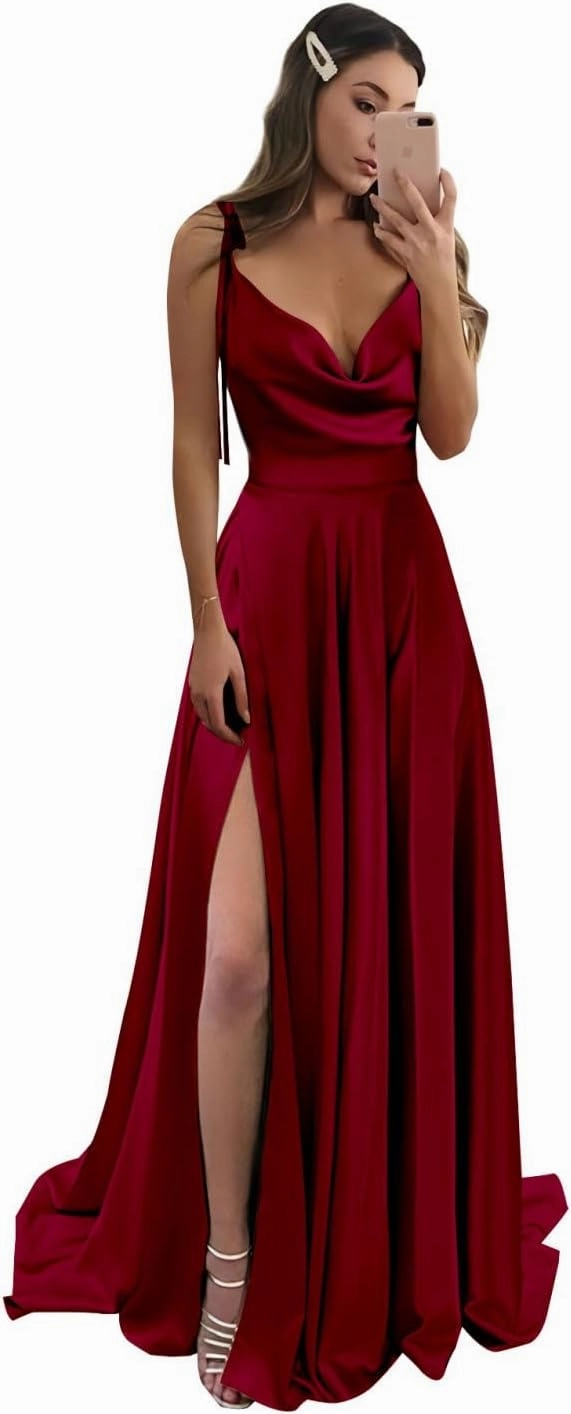 POMUYOO Spaghetti Straps Satin Bridesmaid Dresses for Women Cowl Neck Long A-Line Formal Gowns with Pockets