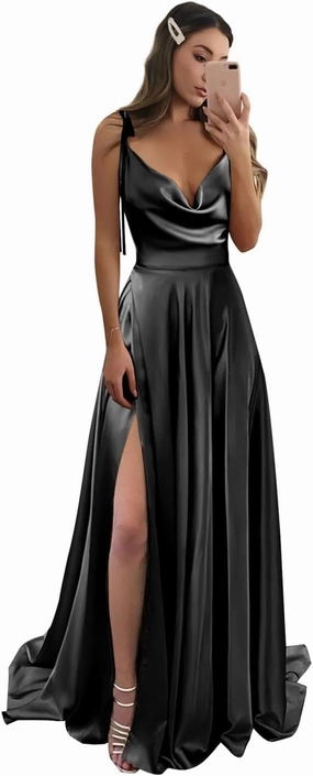 POMUYOO Spaghetti Straps Satin Bridesmaid Dresses for Women Cowl Neck Long A-Line Formal Gowns with Pockets