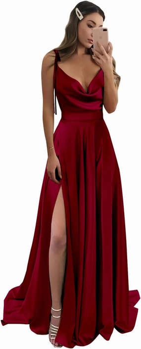 POMUYOO Spaghetti Straps Satin Bridesmaid Dresses for Women Cowl Neck Long A-Line Formal Gowns with Pockets