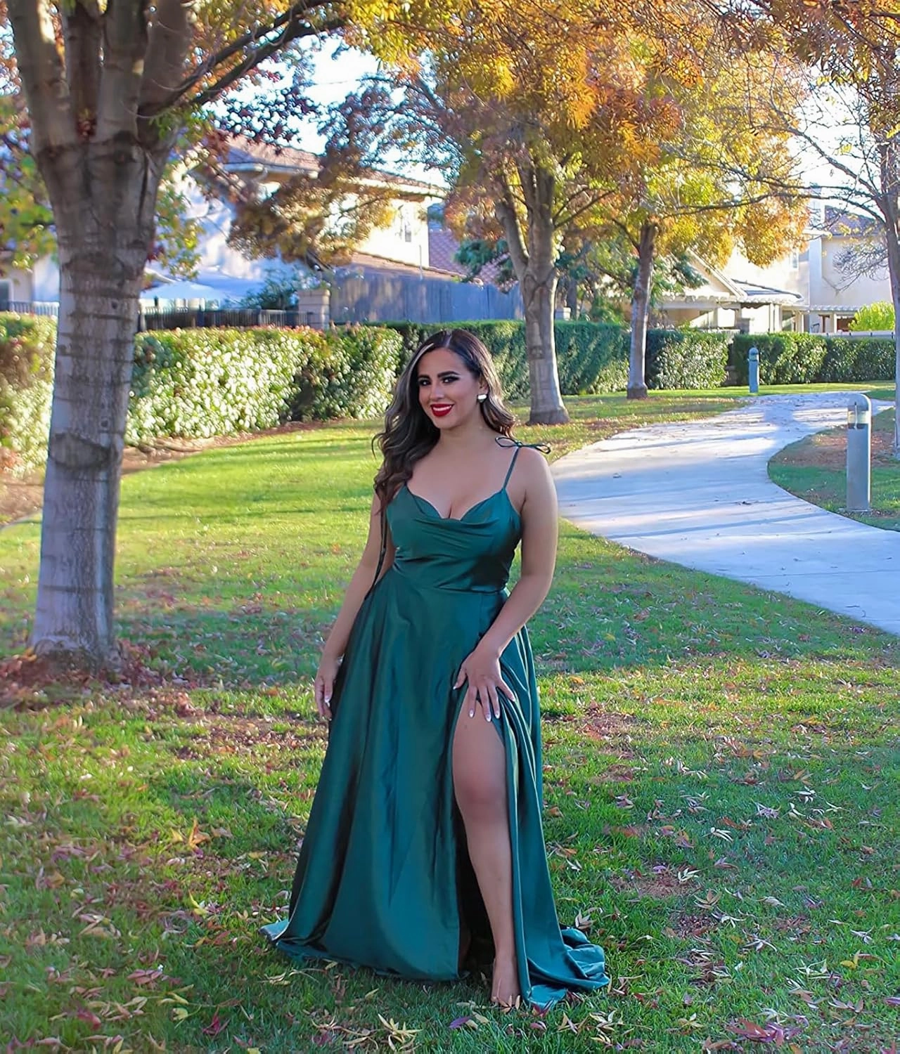 POMUYOO Spaghetti Straps Satin Bridesmaid Dresses for Women Cowl Neck Long A-Line Formal Gowns with Pockets