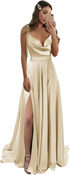 POMUYOO Spaghetti Straps Satin Bridesmaid Dresses for Women Cowl Neck Long A-Line Formal Gowns with Pockets