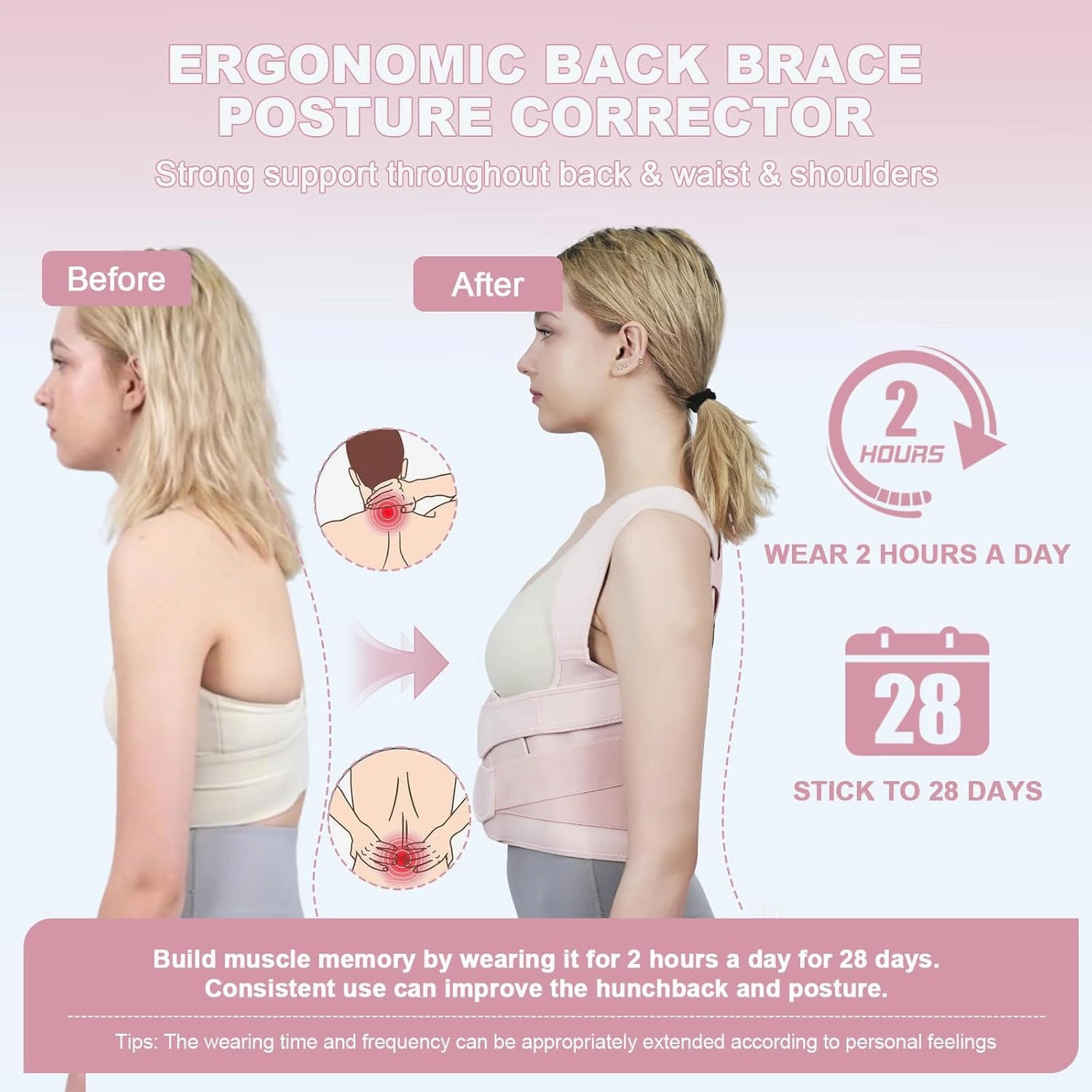 Posture Corrector for Women and Men Upgraded Back Brace, Adjustable Full Back Support for Upper and Lower Back Pain Relief, Shoulder Straightener for Hunchback, Scoliosis, Lumbar, Spine (Pink, Small)