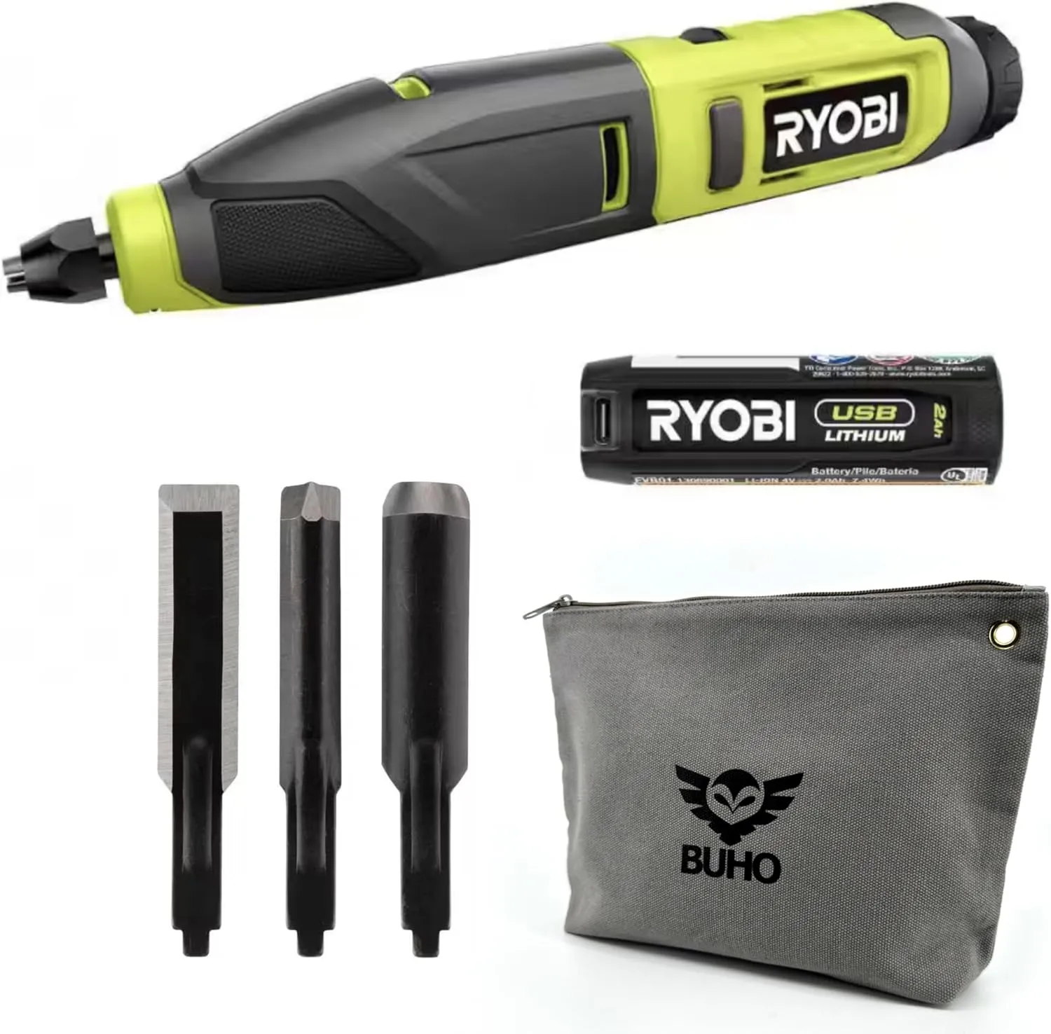 Power Carver Bundle with Ryobi Carver and Buho Tool Pouch, USB Lithium 2.0 Ah Battery and Charging Cable - Wood Carving Tool - Includes Straight Chisel, U-Gouge and V-Gouge Blades