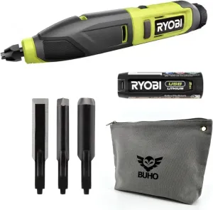 Power Carver Bundle with Ryobi Carver and Buho Tool Pouch, USB Lithium 2.0 Ah Battery and Charging Cable - Wood Carving Tool - Includes Straight Chisel, U-Gouge and V-Gouge Blades
