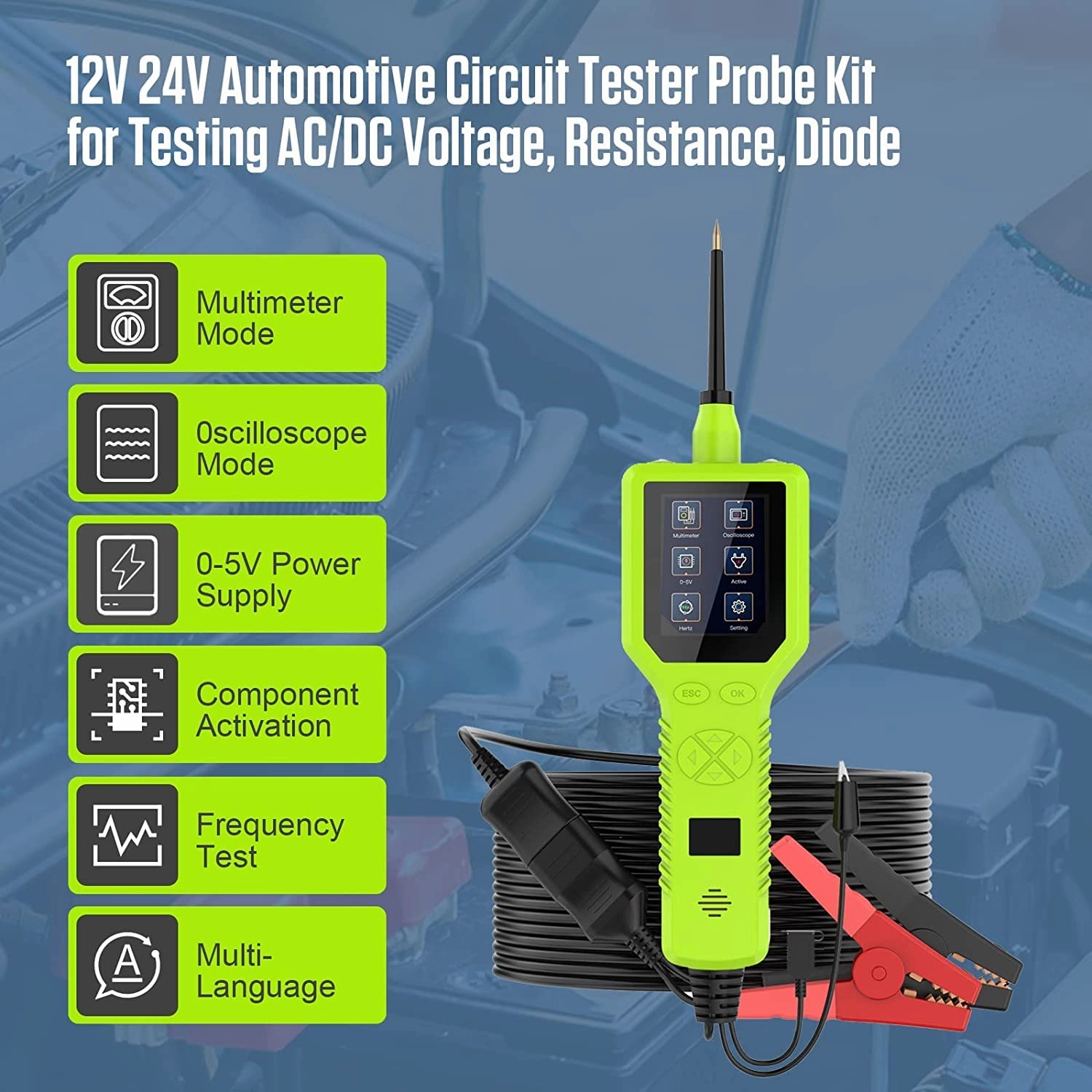 Power Circuit Probe Tester Automotive - MOTOCOCHE Digital Power Circuit Probe Electrical Tester 12V/24V Circuit Tester 13 Languages Automotive Short Finder Voltage Activating Component Tool 33Ft Cable