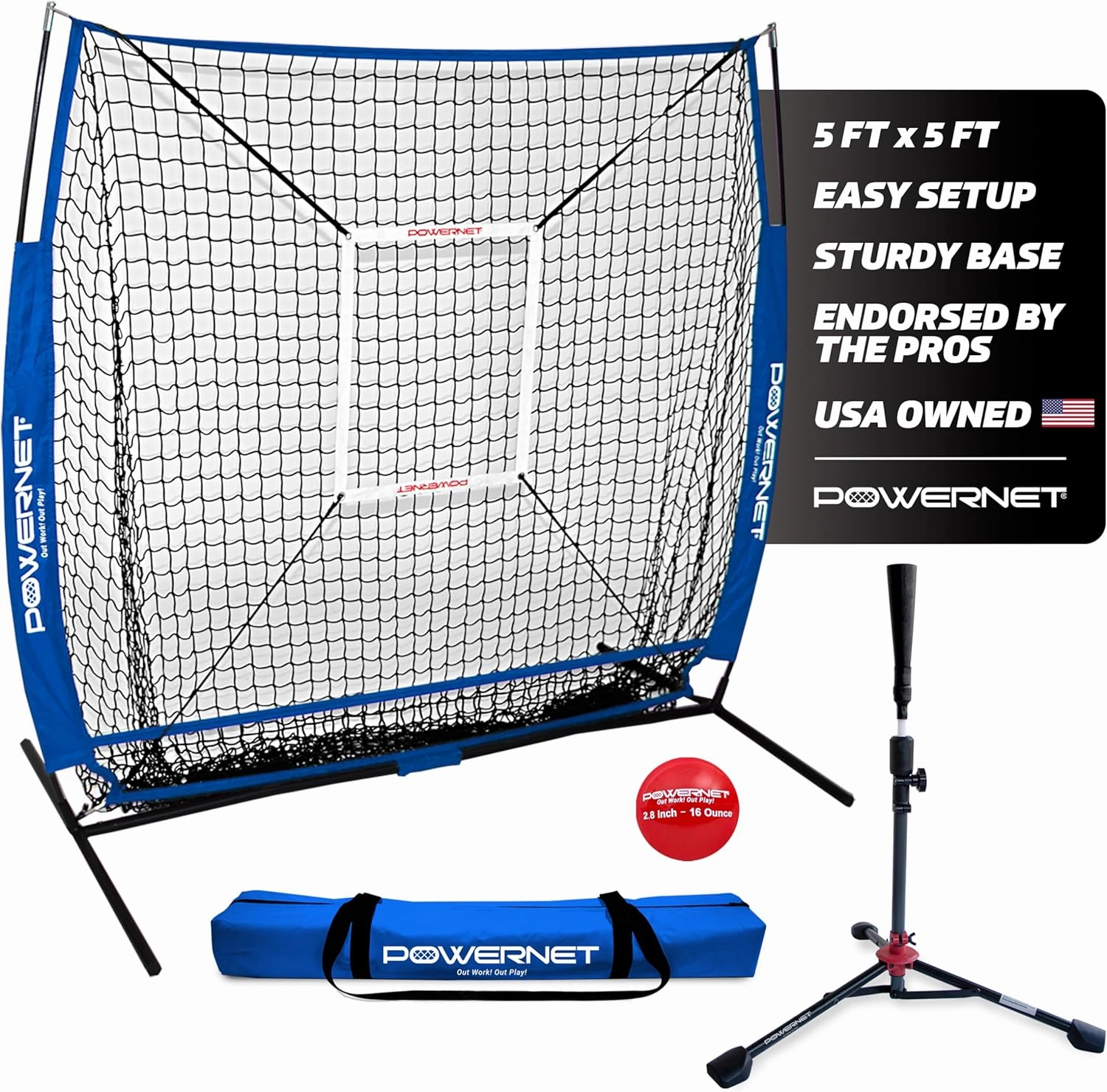 PowerNet Baseball Net Bundle, 5x5 Travel Net With Softball Accessories for Hitting, Pitching, Training Equipment, Weighted Ball, Tee