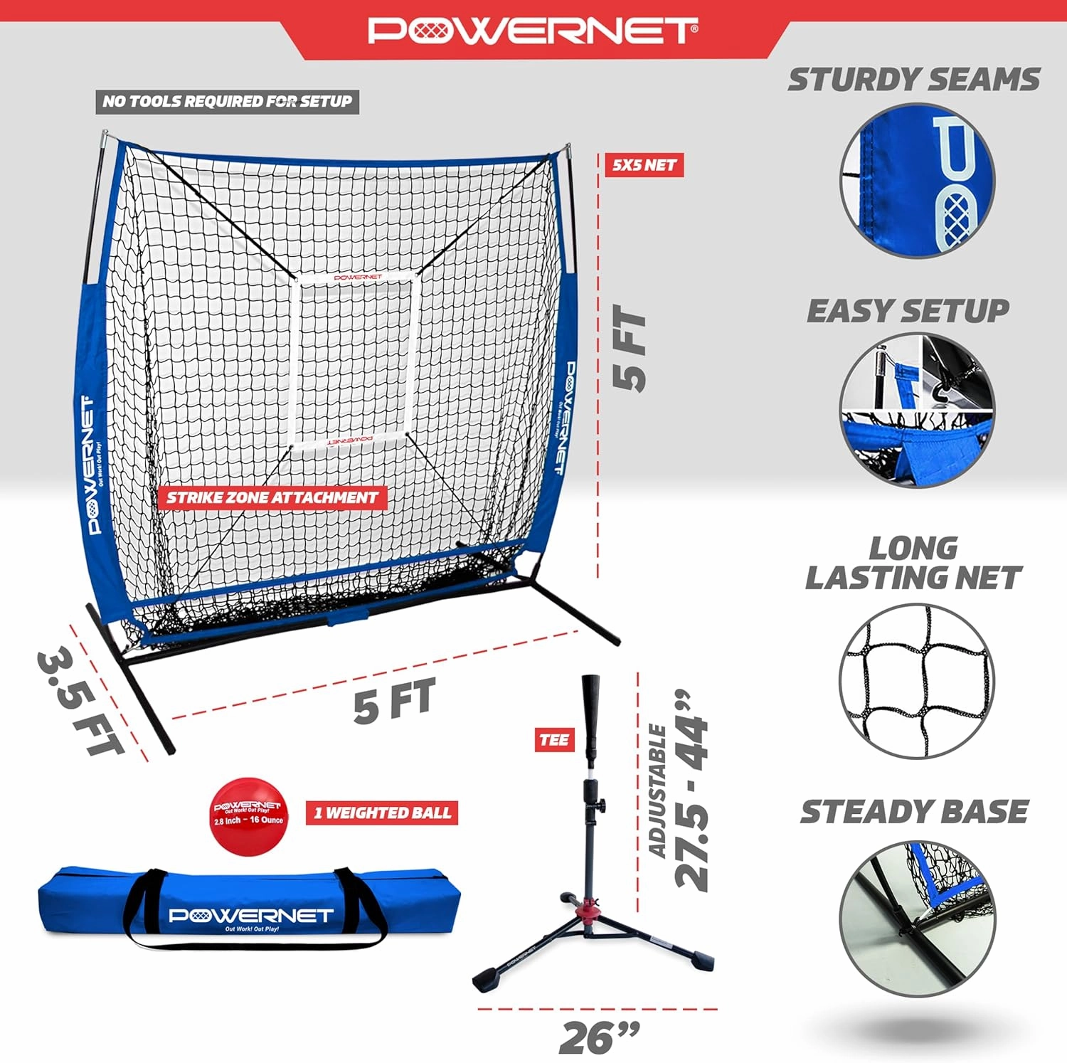 PowerNet Baseball Net Bundle, 5x5 Travel Net With Softball Accessories for Hitting, Pitching, Training Equipment, Weighted Ball, Tee
