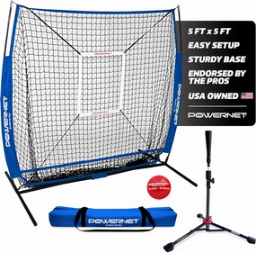 PowerNet Baseball Net Bundle, 5x5 Travel Net With Softball Accessories for Hitting, Pitching, Training Equipment, Weighted Ball, Tee