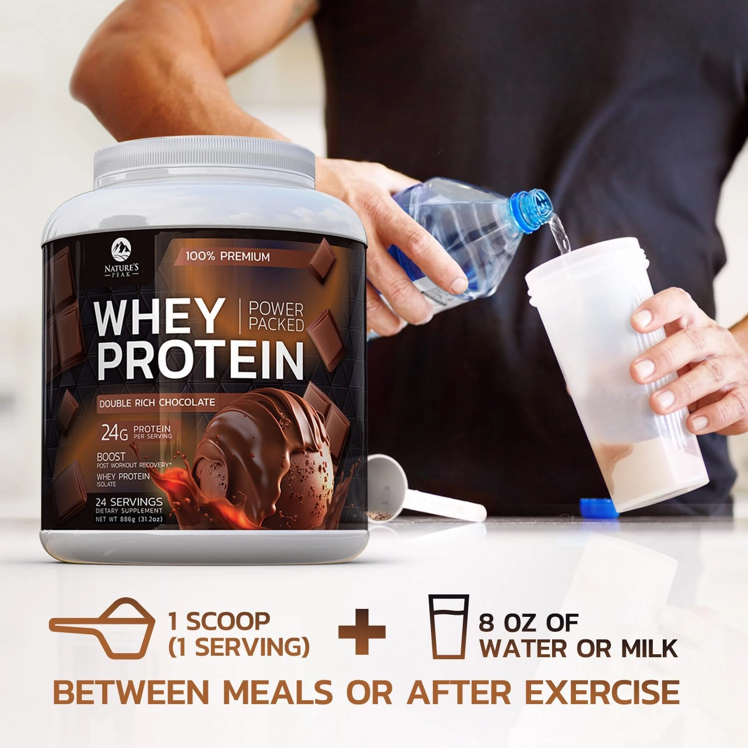 Premium 100% Whey Protein Powder 24g, Double Rich Chocolate, Advanced Isolate Protein for Muscle Gain, Recovery & Immune System Support, No Added Sugar, For Shakes & Chocolate Smoothies - 24 Servings
