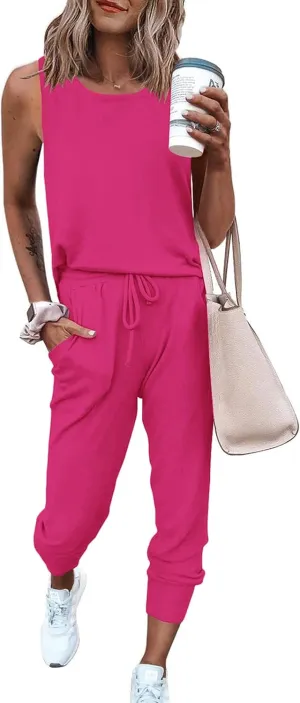 PRETTYGARDEN Women's Two Piece Outfit Sets Casual Summer Sleeveless Crewneck Tops and Sweatpants Active Tracksuit Lounge Wear