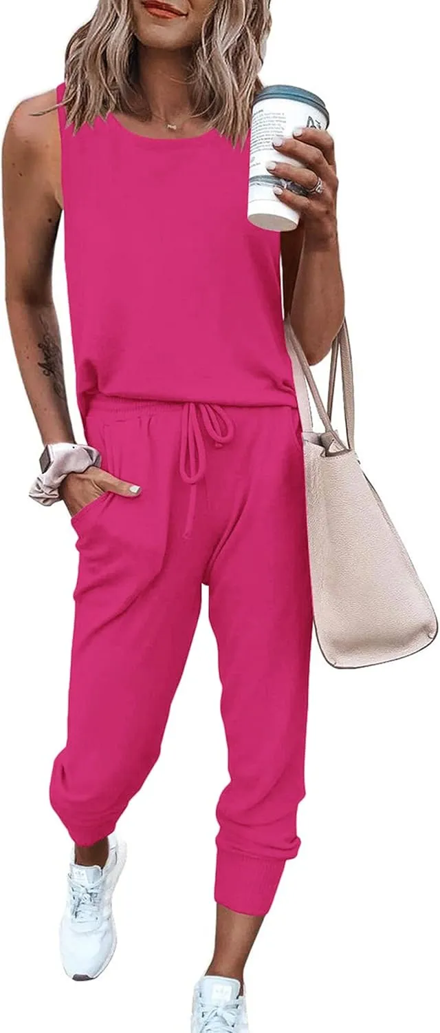 PRETTYGARDEN Women's Two Piece Outfit Sets Casual Summer Sleeveless Crewneck Tops and Sweatpants Active Tracksuit Lounge Wear