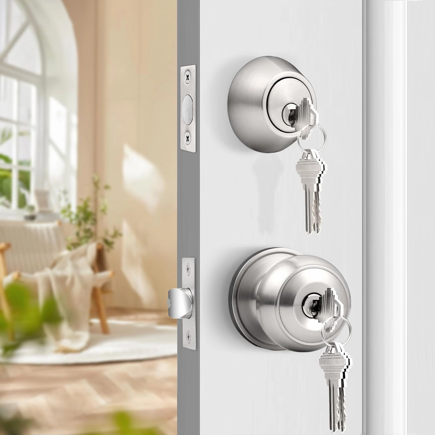 Probrico 1 Pack Entry Door Knob Set with Single Cylinder Deadbolt Combo Set, Keyed Alike Brushed Nickel Door Knobs with Lock and Keys for Entrance Front Door