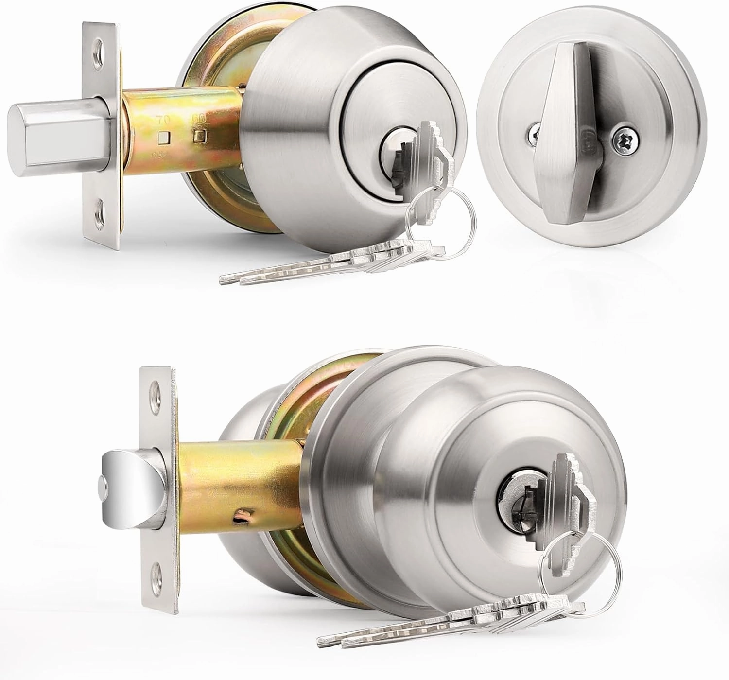 Probrico 1 Pack Entry Door Knob Set with Single Cylinder Deadbolt Combo Set, Keyed Alike Brushed Nickel Door Knobs with Lock and Keys for Entrance Front Door
