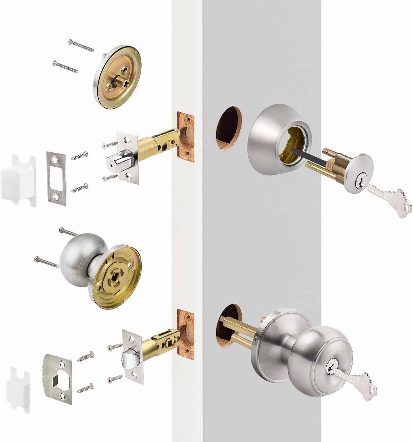 Probrico 1 Pack Entry Door Knob Set with Single Cylinder Deadbolt Combo Set, Keyed Alike Brushed Nickel Door Knobs with Lock and Keys for Entrance Front Door