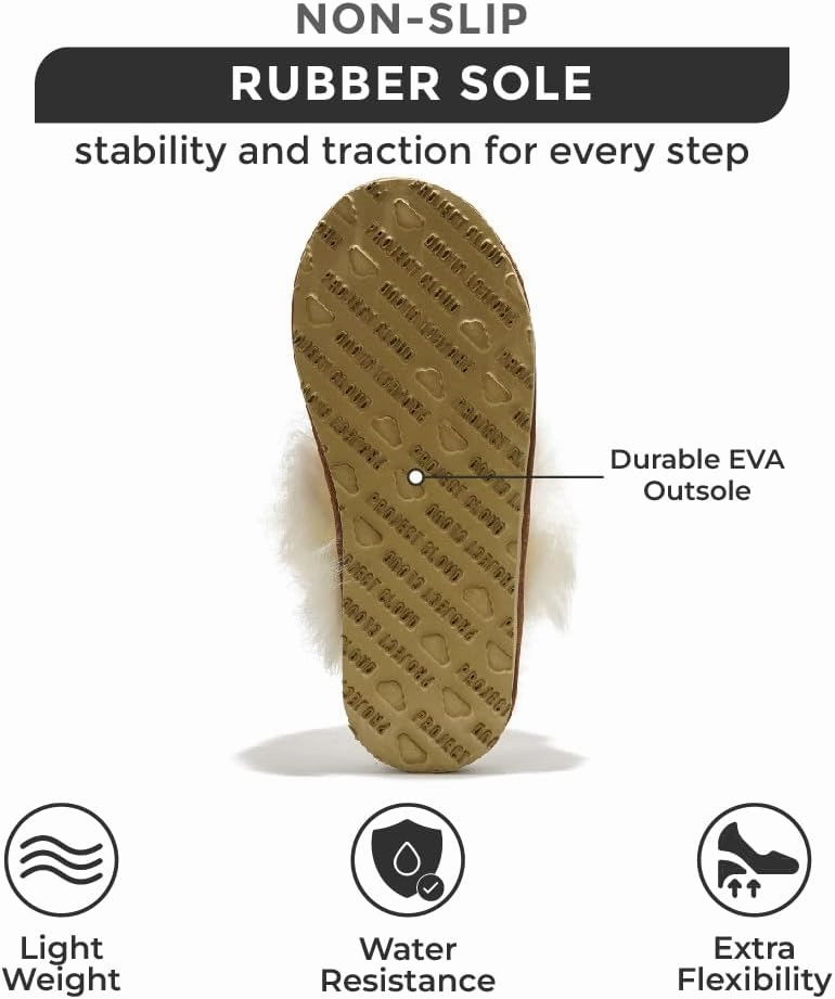 Project Cloud 100% Australian Sheepskin Scuff Slippers for Women - Genuine Shearling Memory Foam Slides for Women - Non-Slip Womens Slippers (Ryann)