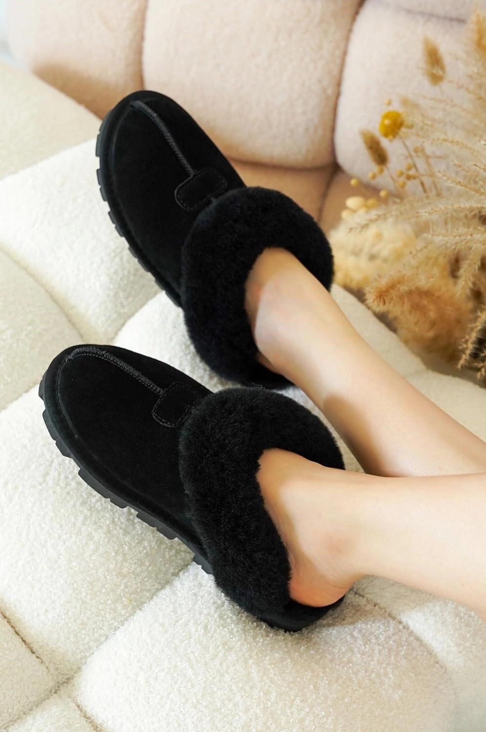Project Cloud House Slippers for Women - Genuine Leather & Natural Fur Lining Fluffy Slippers - Cozy Memory Foam Womens Shoes (Hedy)