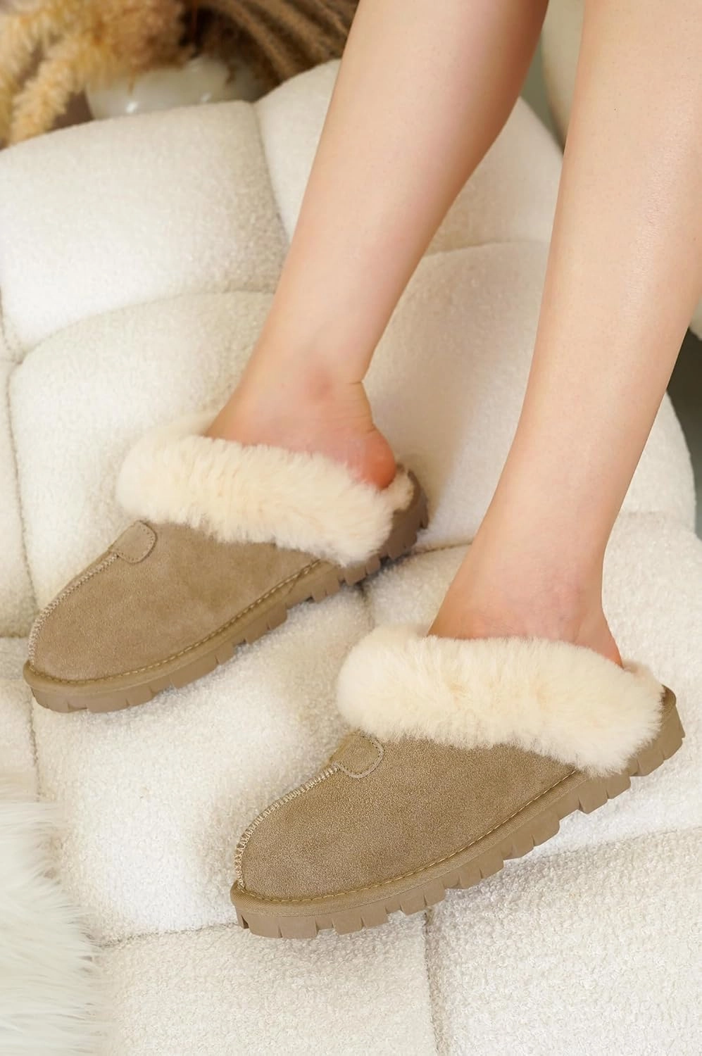 Project Cloud House Slippers for Women - Genuine Leather & Natural Fur Lining Fluffy Slippers - Cozy Memory Foam Womens Shoes (Hedy)
