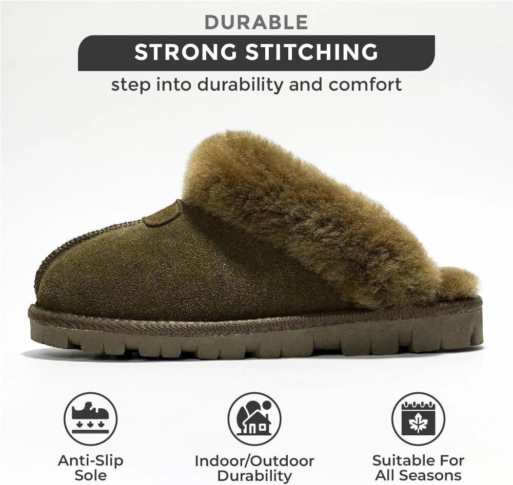 Project Cloud House Slippers for Women - Genuine Leather & Natural Fur Lining Fluffy Slippers - Cozy Memory Foam Womens Shoes (Hedy)